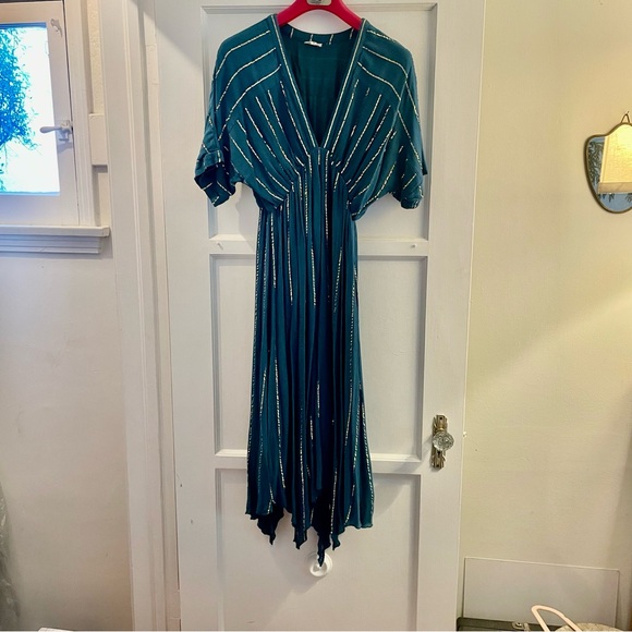 En Crème Sabrina Lurex Kimono Teal Maxi Dress with Silver Stripes -  M - Picture 5 of 10